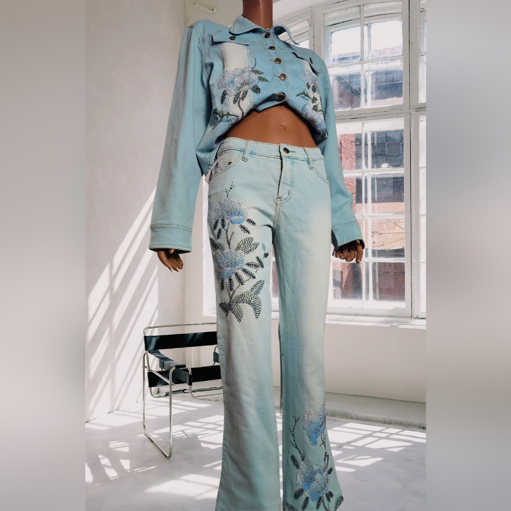 floral embroidery vintage y2k denim set size 7 stretchy Jacket And Jeans